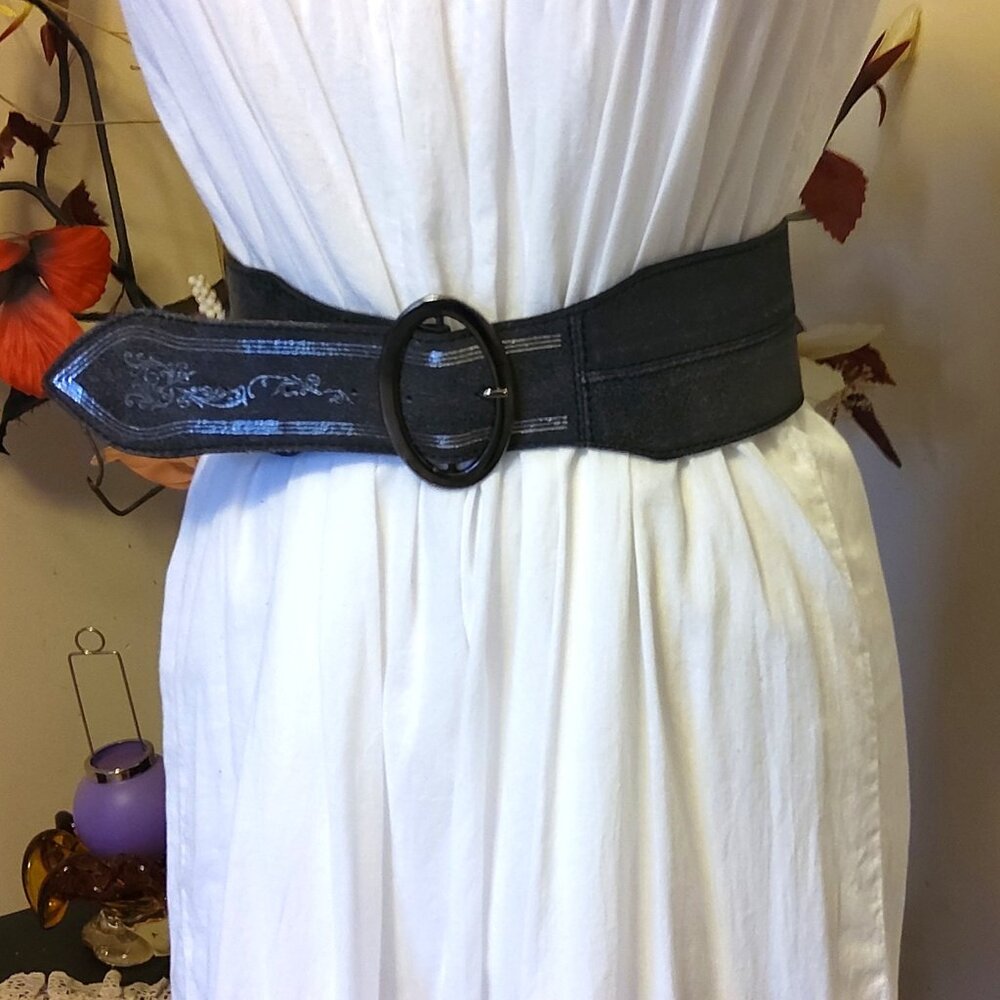 Vintage Noa Noa Wide Genuine Leather Waist Belt Gray Black Classic Dress Belt M